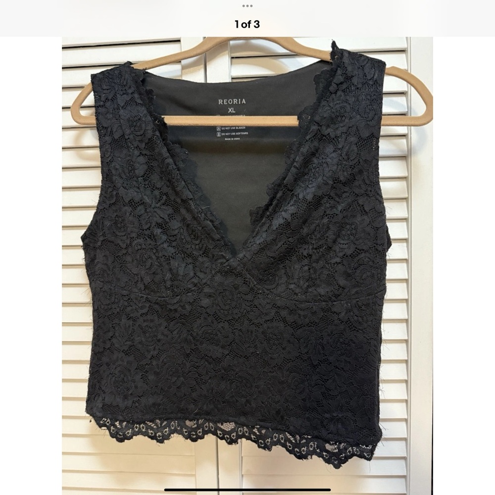 REORIA Womens Sexy V Neck Sleeveless Lace Cropped Tank Tops Double Lined XL